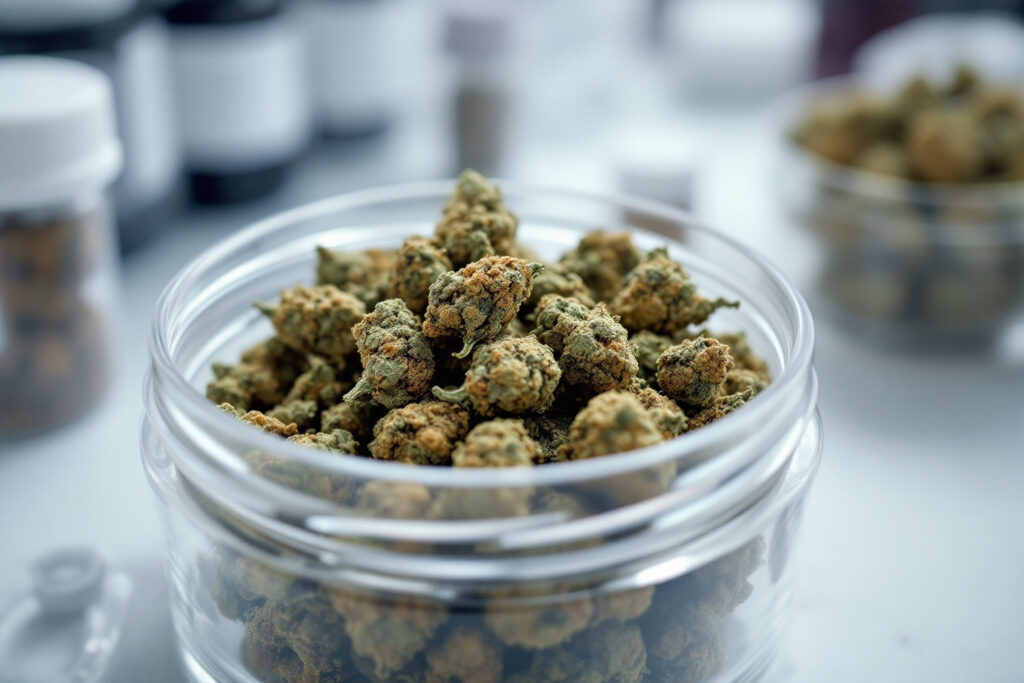 Cannabisblüten in einem offenen Glasgefäß