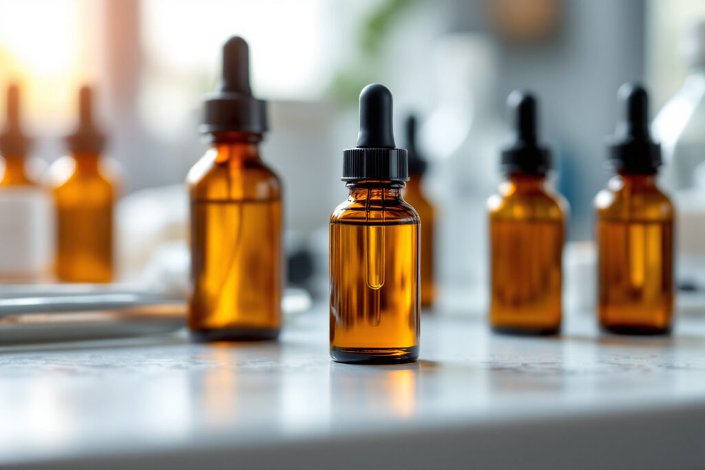 Diverse Fläschchen mit Cannabisextrakten auf einer Arbeitsfläche